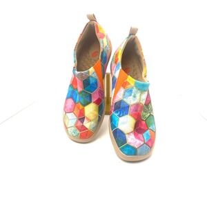 UIN Toledo Womens Multi-Color Geometric Honeycomb Canvas Slip-On Loafers Size 9